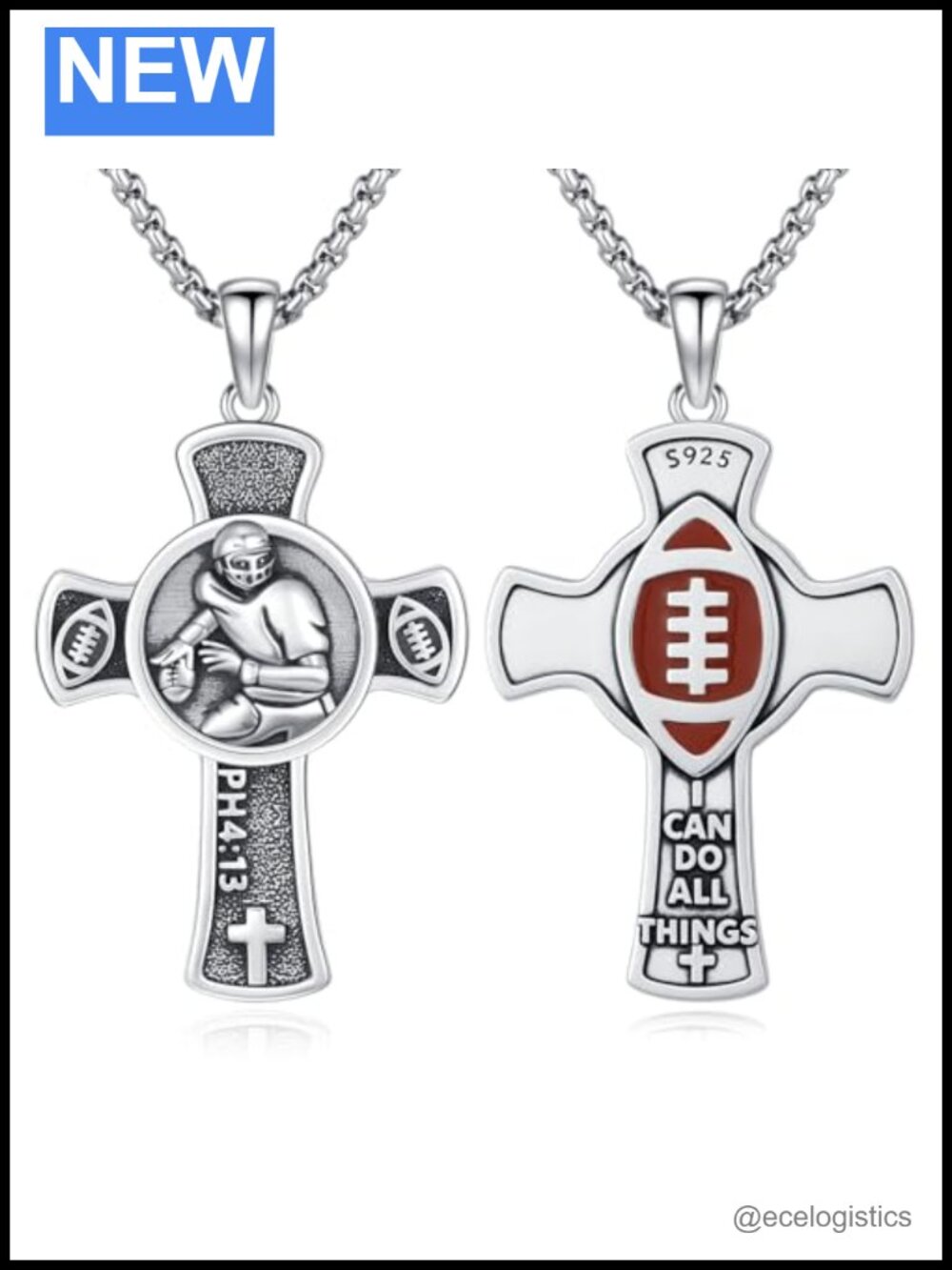 Football Cross Necklace 925 Sterling Silver Sport Jewelry